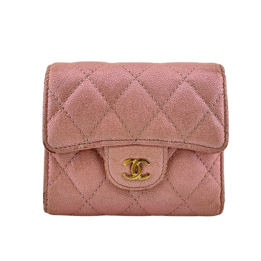 CHANEL Matelassé Caviar Skin Tri-fold Wallet, Pink, Women's Wallet